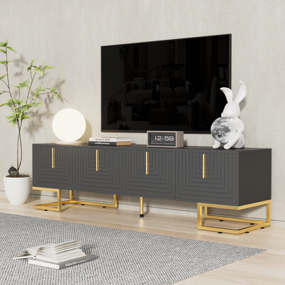 TV-Schrank,lowboard mit strukturierter Tür, TV-Möbel, goldenen Griffen und goldenen Füßen.
