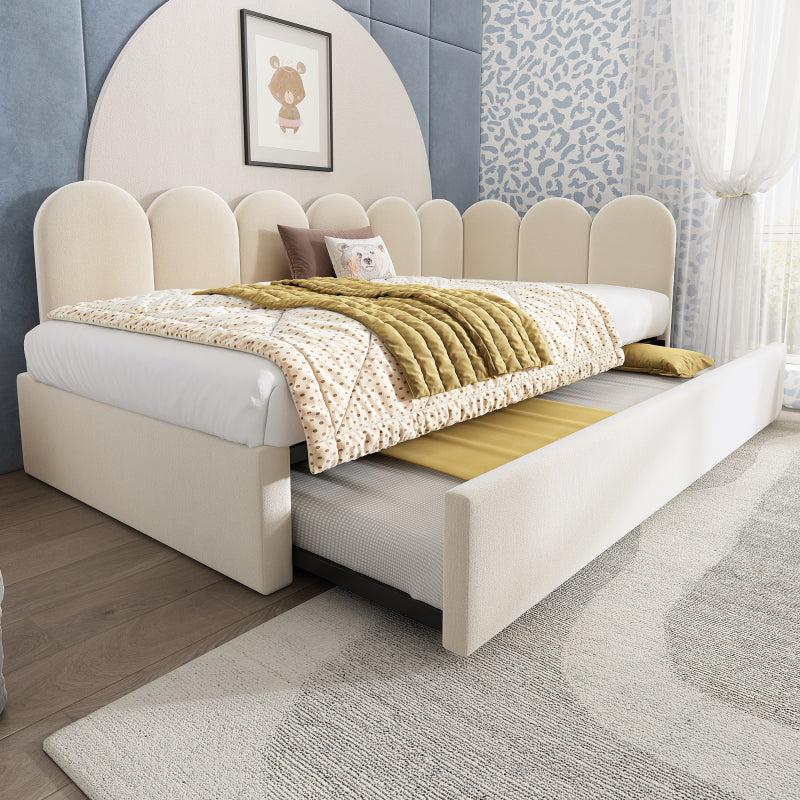 Polsterbett Daybett 90x200cm,Tagesbett Schlafsofa mit Ausziehbett 90x190cm, Kinderbett mit Lattenrost, Samt,Beige, ohne Matratze