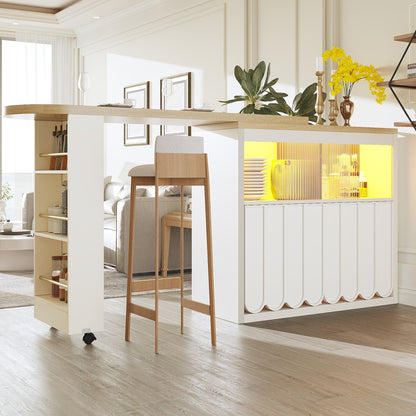 Ausziehbarer Bartisch 135-205cm mit LED & USB, Mobiler Hochtisch Weiß, Teleskop-Kücheninsel mit Glas-Schiebetür & Soft-Close, Gestreift