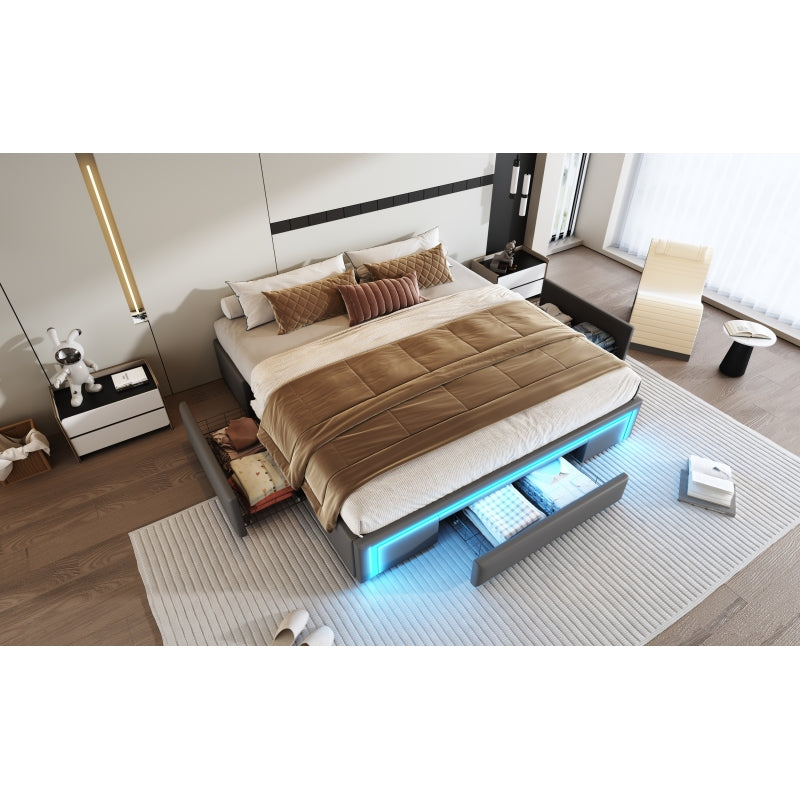 Bettgestell 180X200 mit Schubladen, PU-Leder Bett ohne Kopfteil Mit LED-Lichtleiste, MetalllattenPlattformbett für moderne Schlafzimmer Grau