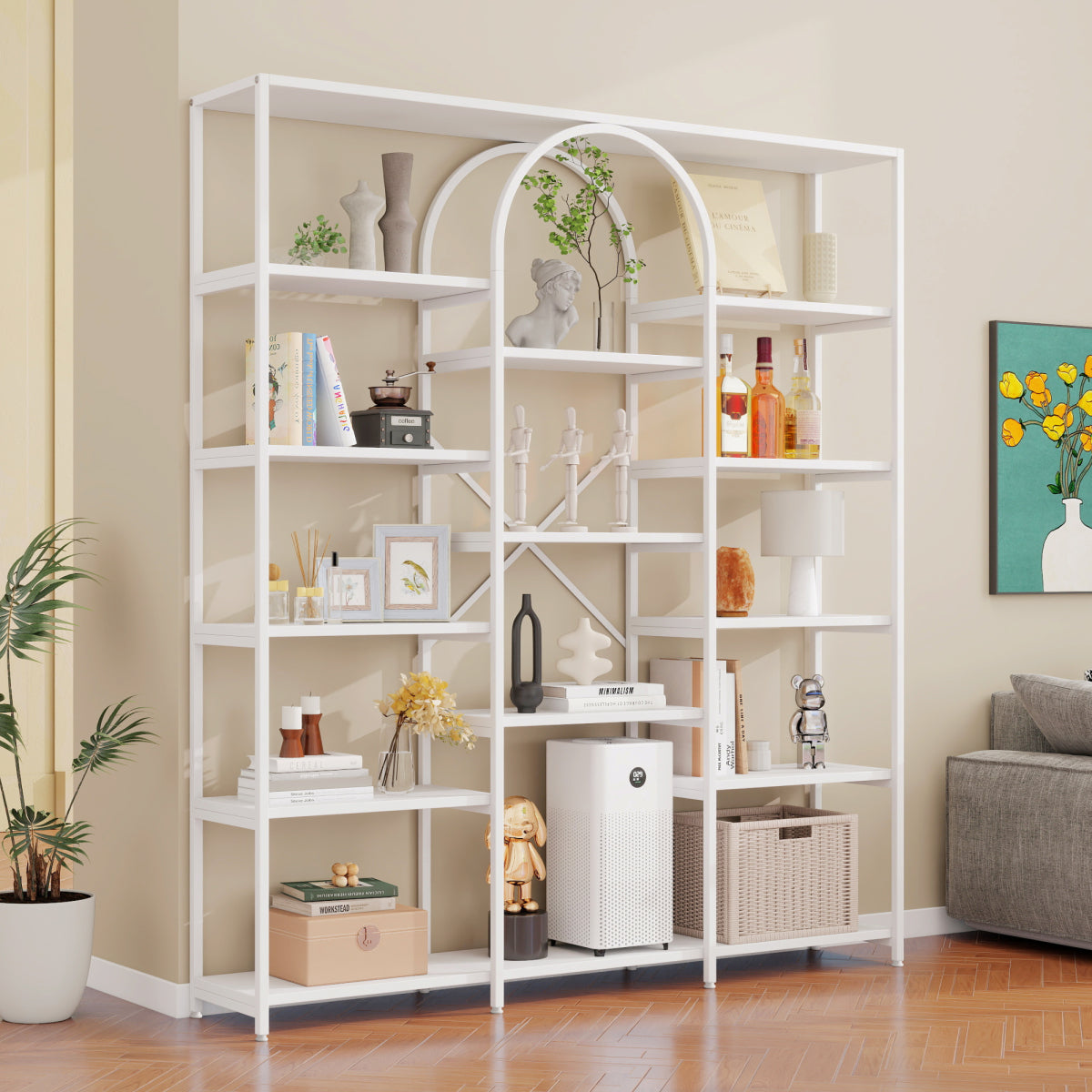 Regal 160x30x180 cm aus Stahl & MDF, modernes Bücherregal mit Bogen-Design, offene Fächer, hoher Stauraum, Weiß