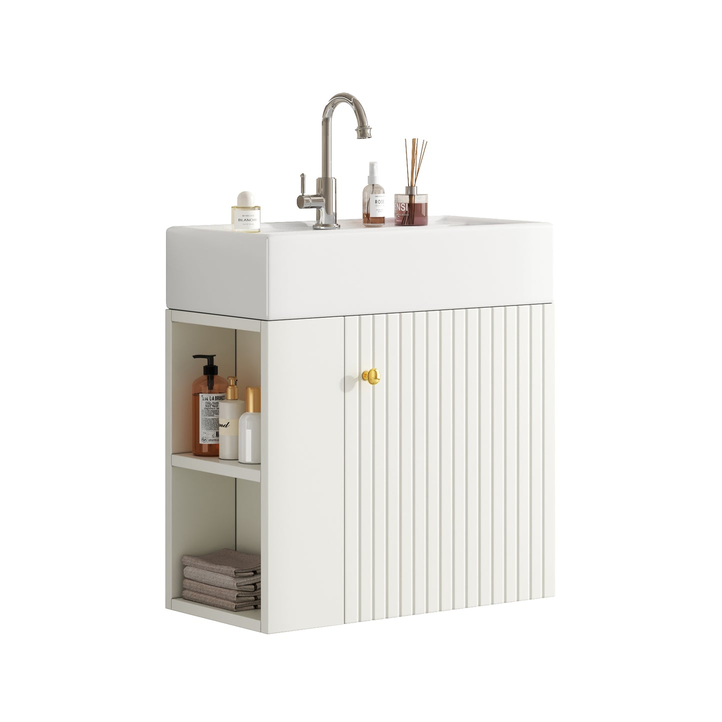 Waschbecken mit Waschtischunterschrank, Waschtischunterschrank , Waschtischunterschrank hängend hellgrau , Kleine Gästebad Möbel, White