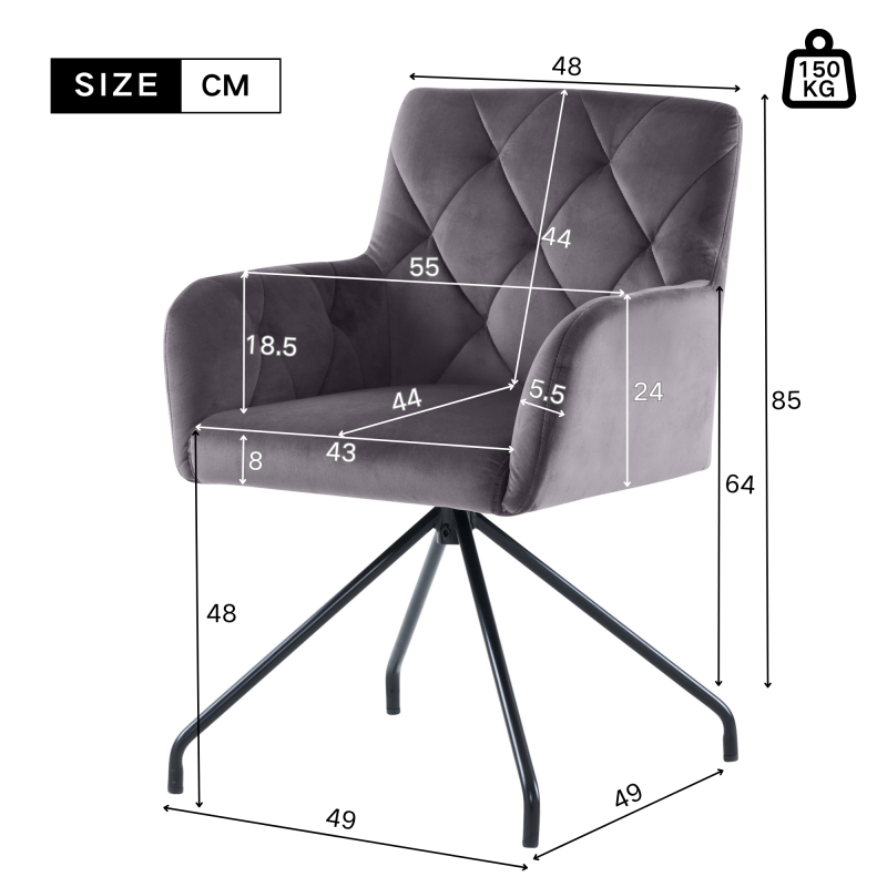 2er Set Esszimmerstühle mit Rautenmuster, Gepolsterter Sessel mit 4 Metallbeinen, Samt, grau