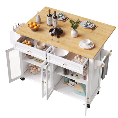 Kücheninsel mit Rollen & Glastüren, klappbare Arbeitsplatte, mobiler Servierwagen mit Schublade & Regal, Küchenwagen Weiß & Holzoptik
