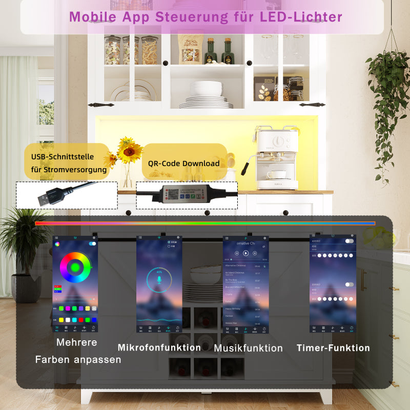 Küchenschrank(105×38.4×180cm), Hochschrank Küchenbuffet, Sideboard mit LED-Beleuchtung,Variable Lichtfarben, weiß