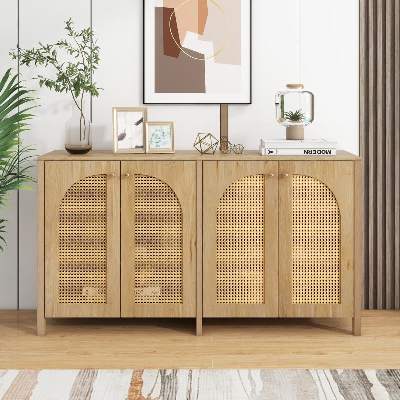 Modernes Sideboard im minimalistischen Stil 4-Rattantür, Metallgriff einfaches Buffetschrank für Esszimmer, Wohnzimmer, Küche (Naturholz)