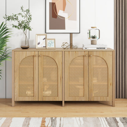 Modernes Sideboard im minimalistischen Stil 4-Rattantür, Metallgriff einfaches Buffetschrank für Esszimmer, Wohnzimmer, Küche (Naturholz)