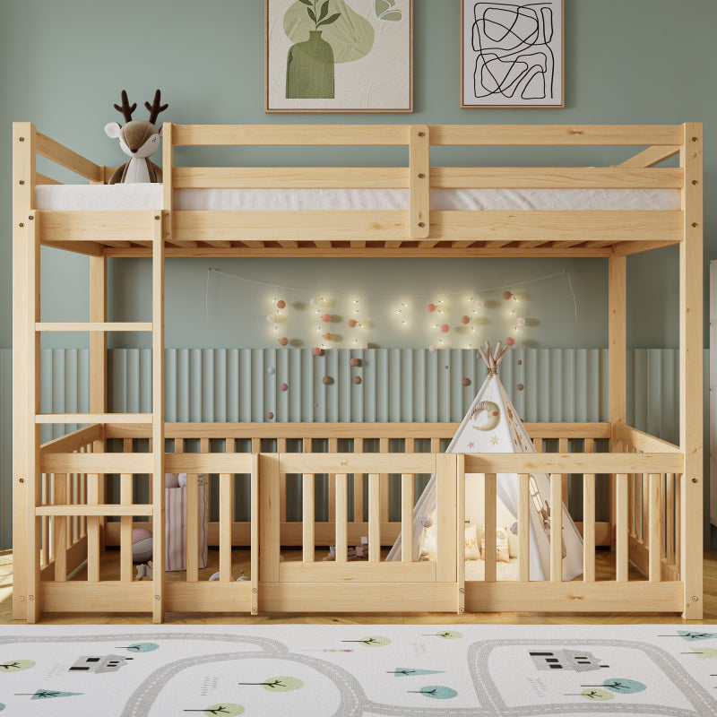 Etagenbett mit rechtwinkliger Treppe, Bett mit Zäune und Türchen, Kinderbett mit Fallschutz und Gitter, Massivholz, natur (200x90cm)