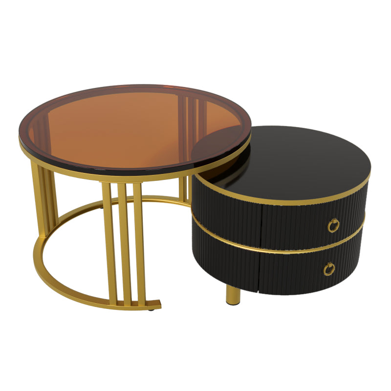 2-in-1 runder MDF-Couchtisch, Beistelltisch mit 1 Hochglanz-Tischplatte und 1 brauner Tischplatte aus gehärtetem Glas, Wohnzimmer-Couchtischkombination mit 2 Schubladen, 70*70*45 + 50*50*40 cm
