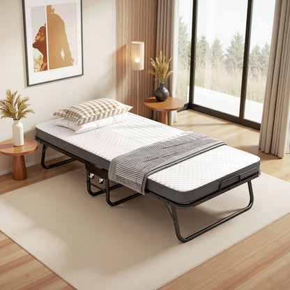 Klappbett 90x190cm mit 10cm Memory Foam Matratze – Faltbares Gästebett auf Rollen bis 150kg, inkl. Staubschutzhülle & Waschbarem Bezug