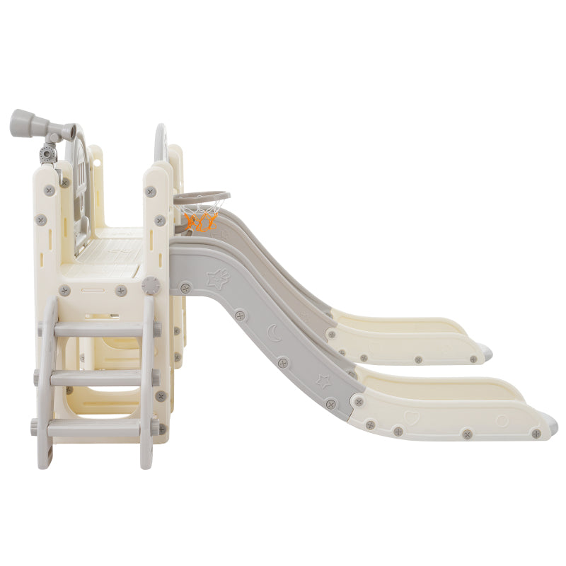 8 in 1 Kinderrutsche Kletterspielzeug, Multifunktionsrutsche mit 2 Rutschen, freistehende Rutsche, Klettern, Bohrspiel, Stauraum, Spielkorridor, Basketballkorb, Lasso-Spiel, Teleskop. Hergestellt aus