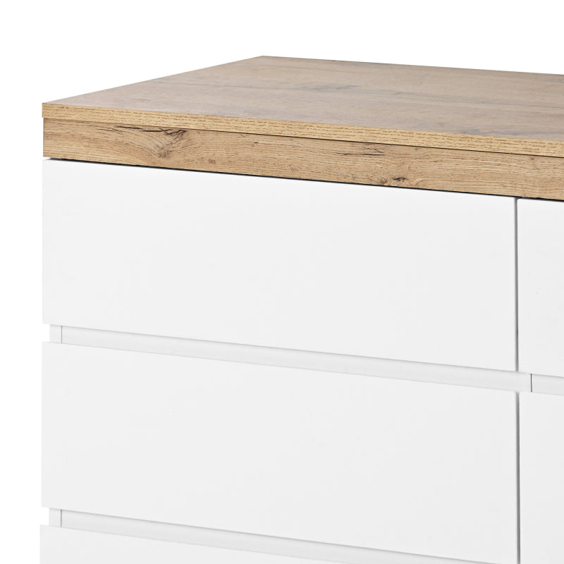 Kommode mit 6 Schubladen, Schließfach,Funktion von Aufbewahrung, für Schlafzimmer und Wohnzimmer, E1-Spanplatte, weiß+oak
