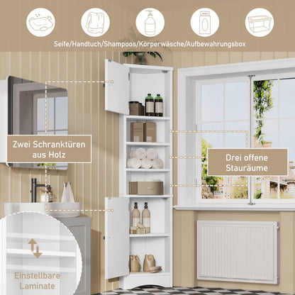 36.5 x 24.5 x 170cmDreieckiger Badezimmerschrank, feuchtigkeitsbeständiger Lack, drei offene Ablagefächer, Doppeltüren, verstellbare Einlegeböden, platzsparend, weiß