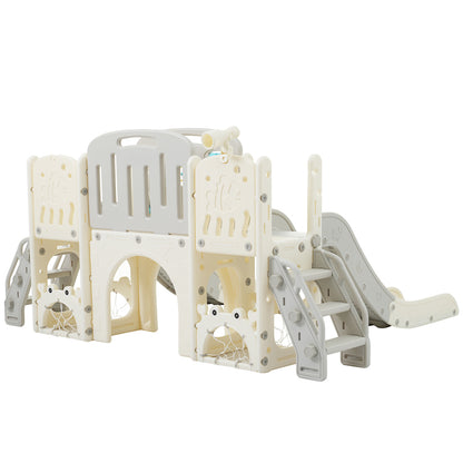 Kinderspielplatz-Set 8-in-1, Freistehendes Meerestier-Motiv-Set mit Rutsche, Bogentunnel, Basketballkorb und Teleskop, Doppelte Rutschen für Kleinkinder, Klettergerüst für Kinder