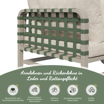 Garten Lounge Set (4-5 Sitzer), Grünes Leder Rattan Gartenmöbel Set, Modernes Outdoor Sofa Set inkl. aller Sitz- und Rückenkissen, Balkonset, Garten und Terrasse, Aprikose