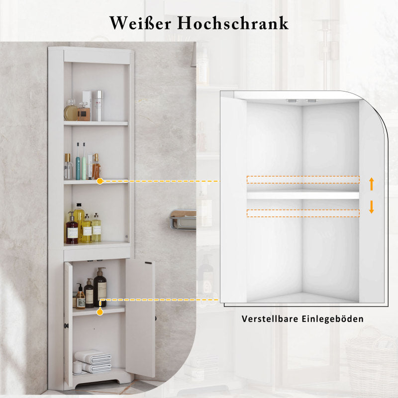 Badezimmer-Hochschrank, Drei offene Ablagefächer, Feuchtigkeitsgeschützte Flügeltüren, Verschiebbare Einlegeböden, Schlichte Form, Weiß