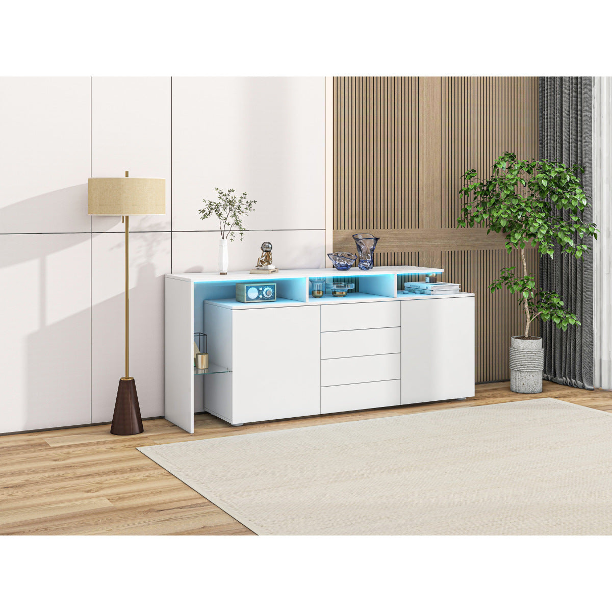 Modernes Sideboard 160cm mit LED-Beleuchtung & App-Steuerung, Hochglanz-Fronten, 4 Schubladen & Glasfach, TV-Schrank Kommode Weiß/Anthrazit