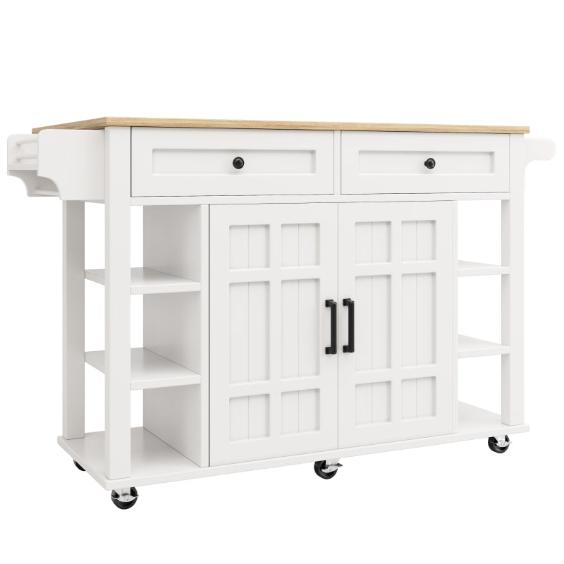Kücheninsel mit herausnehmbaren Trennwänden, Speisewagen mit Arbeitsplatte, Buffetschrank, Speisewagen mit Holzmaserung, Handtuchhalter beidseitig mit Rollen, weiß