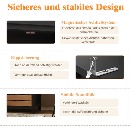 Küchenschrank 140cm hoch, Buffet-Schrank mit 2 Türen & 5 Schubladen, Mehrzweckschrank Schwarz, Sideboard Vorratsschrank mit Kippschutz, 80x40cm