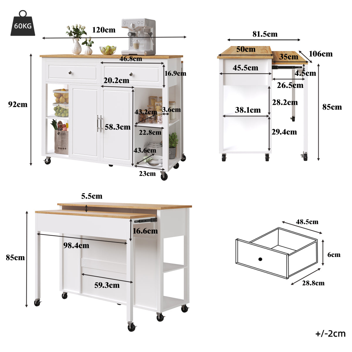 Kücheninsel mit Rollen & ausziehbarer Platte, Servierwagen Weiß/Holzoptik, 120cm Sideboard mit 7 Rollen, 2 Schubladen & verstellbaren Regalen