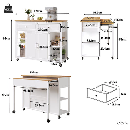 Kücheninsel mit Rollen & ausziehbarer Platte, Servierwagen Weiß/Holzoptik, 120cm Sideboard mit 7 Rollen, 2 Schubladen & verstellbaren Regalen