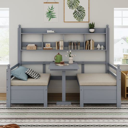 Multifunktionales Massivholz Schlafsofa 200x90 cm, 2-in-1 Bett und Schreibtisch, Frei Umbaubar, Mit Bücherregal Zur Aufbewahrung, Mit Bequemen Kissen, Gästebett Einzelholzbett, Grau