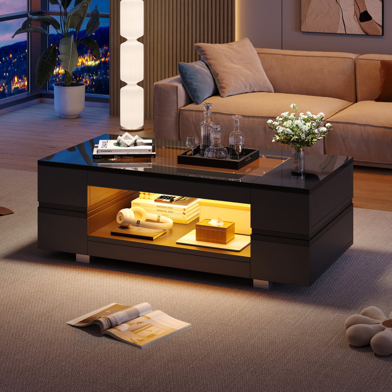 Schwarzer LED-Couchtisch mit Bluetooth-App-Steuerung, doppelschichtiger Hochglanz-Hohldesigntisch, geeignet für Partys, Büros, Wohnzimmer
