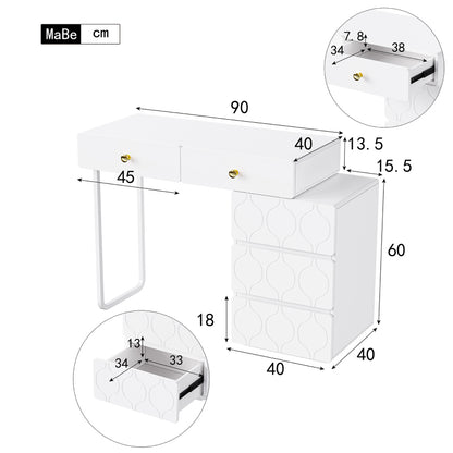 Schminktisch, 5 Schubladen, ohne Spiegel und Hocker, Schrank und Beine links und rechts austauschbar, 90x 40 x 73.5 cm, Wellenmuster, minimalistischer Stil, Kommode, weiß