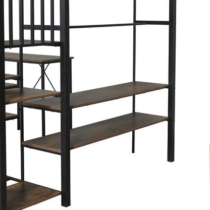 Eisenbett, Etagenbett, Geeignet für Kinder und Jugendliche, Eckleiterschrank mit Stauraum, Mit Tisch und Ablageregal, Mit offenem Kleiderschrank, Eisen+MDF, Schwarz+Vintage-Holzfarbe