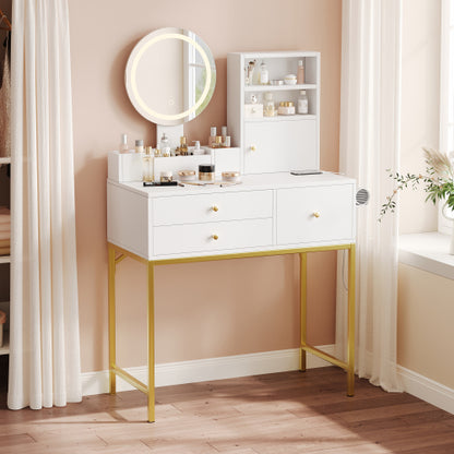 Schminktisch Weiß 80 cm, Frisiertisch mit LED Spiegel, Integrierte Steckdose mit USB & Föhnhalter