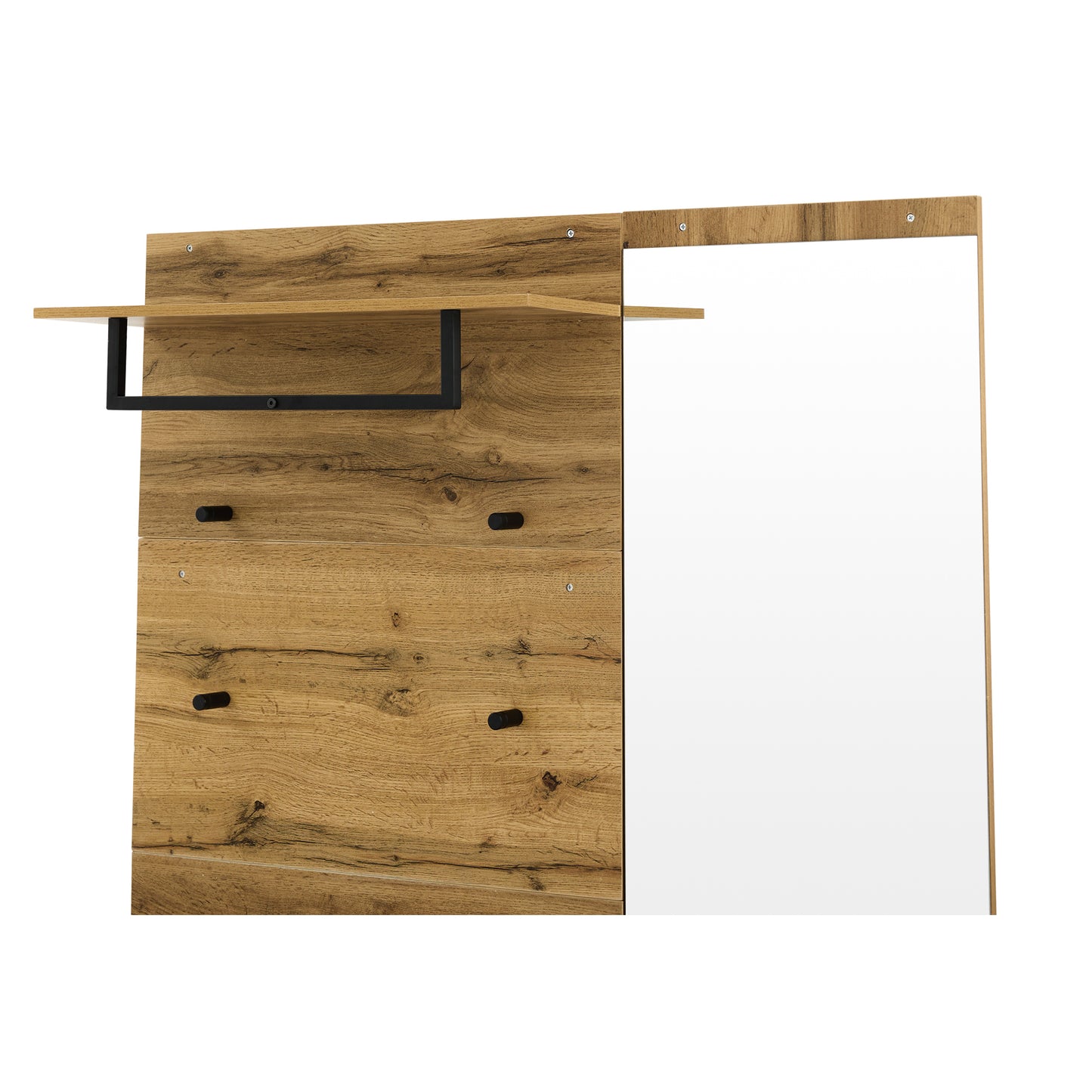 Garderoben Set in Holzoptik mit Spiegel, Schuhbank (104 x 39 cm) mit Polster, Schuhschrank, Schublade, Regal, Kleiderhaken – Praktisches Design für den Eingangsbereich