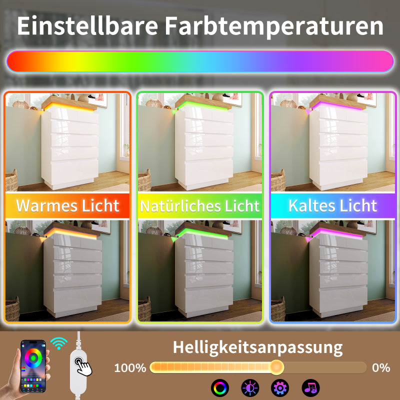 Kommode, Hochglanz Sideboard mit 6 Schubladen, LED Beleuchtung (App Control), Mehrzweckschrank für Wohnzimmer und Schlafzimmer, 115 x 73 x 39 cm, Weiß