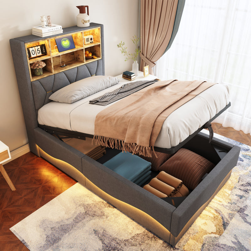 Kinderbett 90x200cm mit hydraulischem Stauraum APP-gesteuertes LED-Lichtband USB-Ladeanschluss Metall-Lattenrost Leinenpolsterung Grau