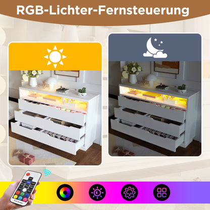 Sideboard, Kommode mit LED-Beleuchtung und 6 Schubladen, Staufach mit Marmorkorn, Moderner Schrank für Wohnzimmer und Schlafzimmer, 120x40x85cm, Weiß