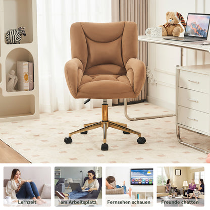 Full KD Samtstoff Material Höhenverstellbarer Drehstuhl für das Home-Office im Innenbereich mit goldenen Beinen, Braun