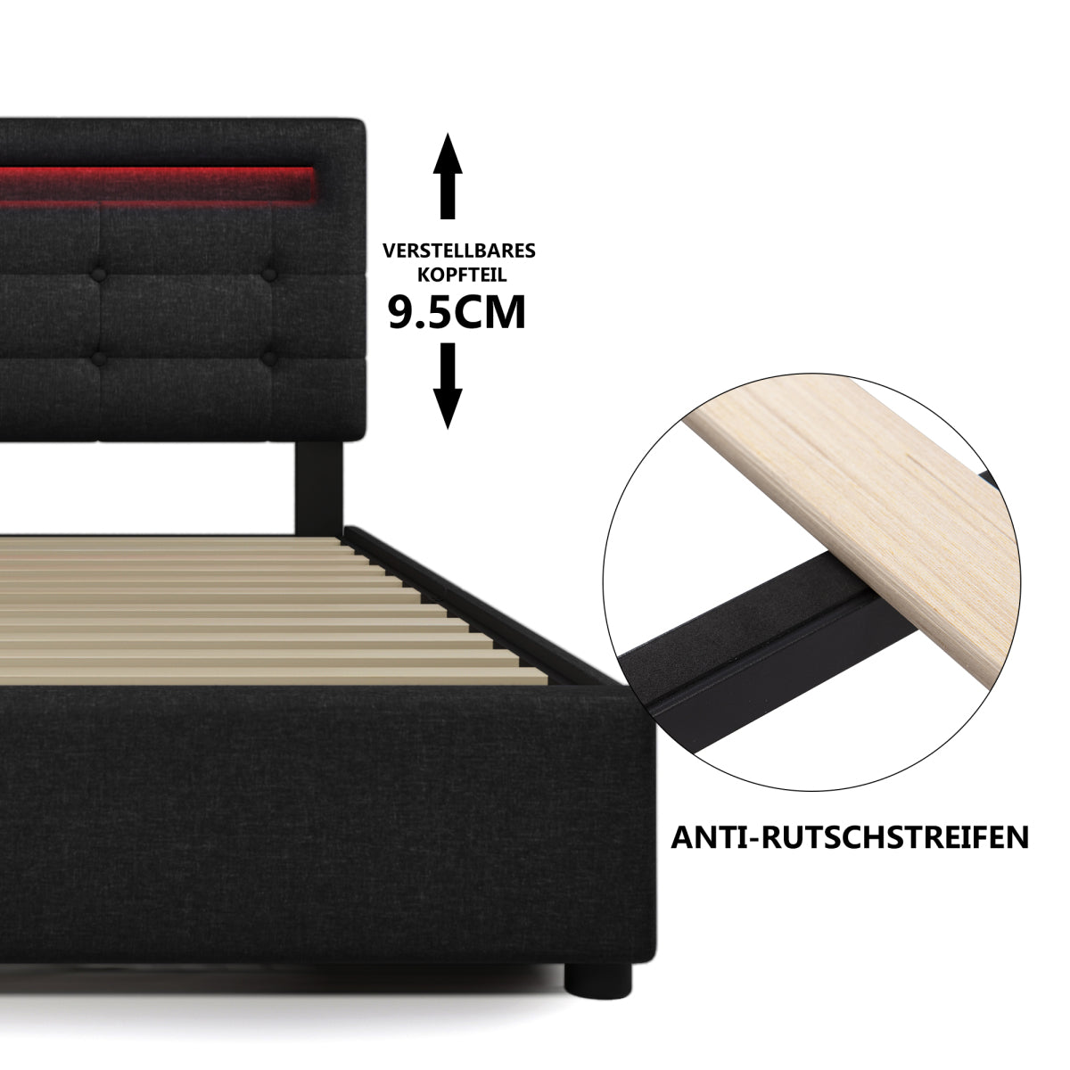 Polsterbett 140x200 cm Schwarz mit LED & 4 Schubladen - Doppelbett inkl. Lattenrost, Verstellbares Kopfteil & Stauraum (Ohne Matratze)