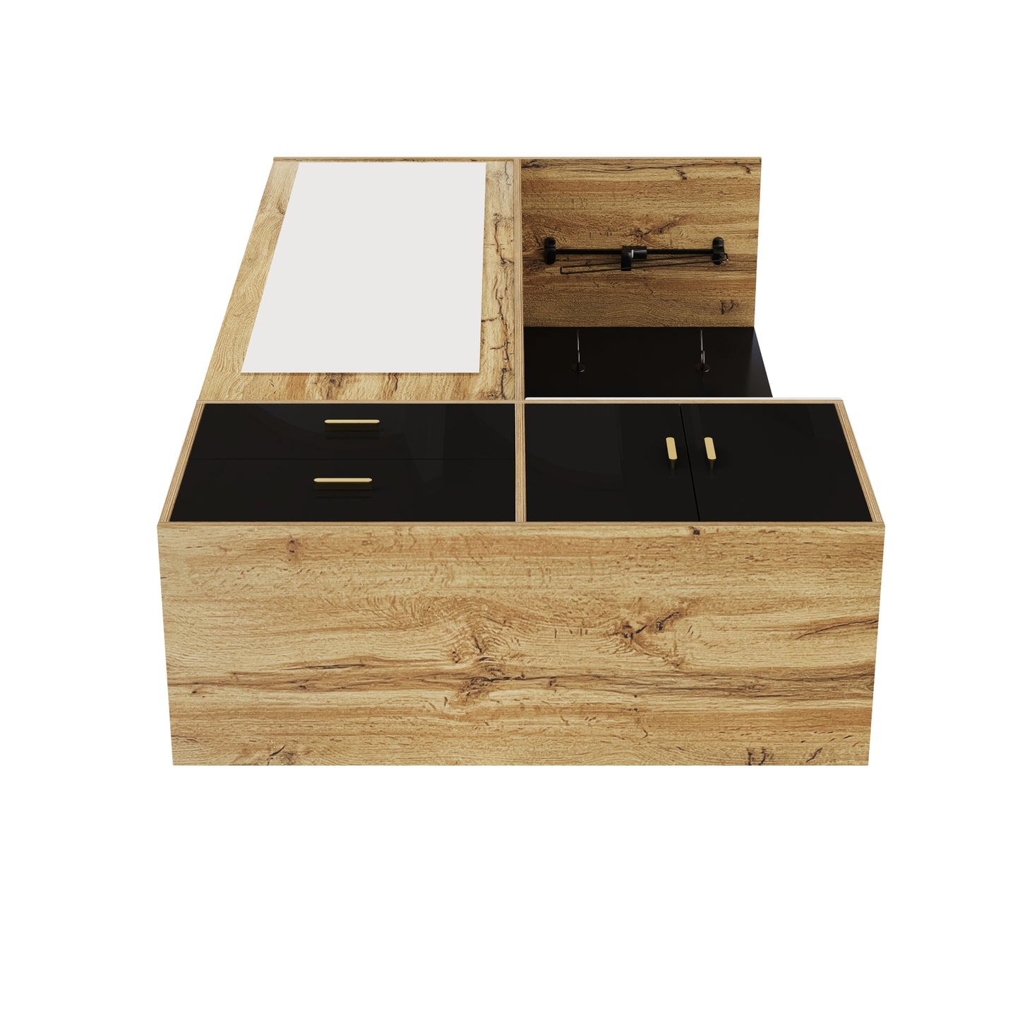 Elegantes Kleiderschrank Set in Schwarz und Holzfarbe mit Spiegel, Schuhschrank, Schuhbank mit Haken und ausziehbaren Kleiderbügeln.