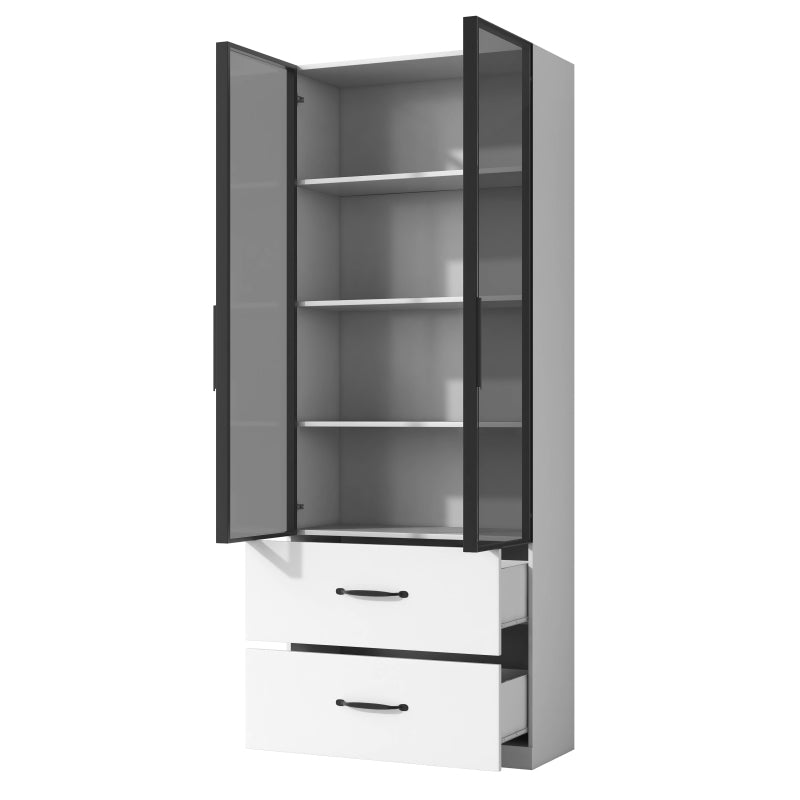 Glasvitrine, Bücherregal und Multifunktionsschrank mit Beleuchtung und Schubladen, mehrfarbige LED, 60×40×160 cm White