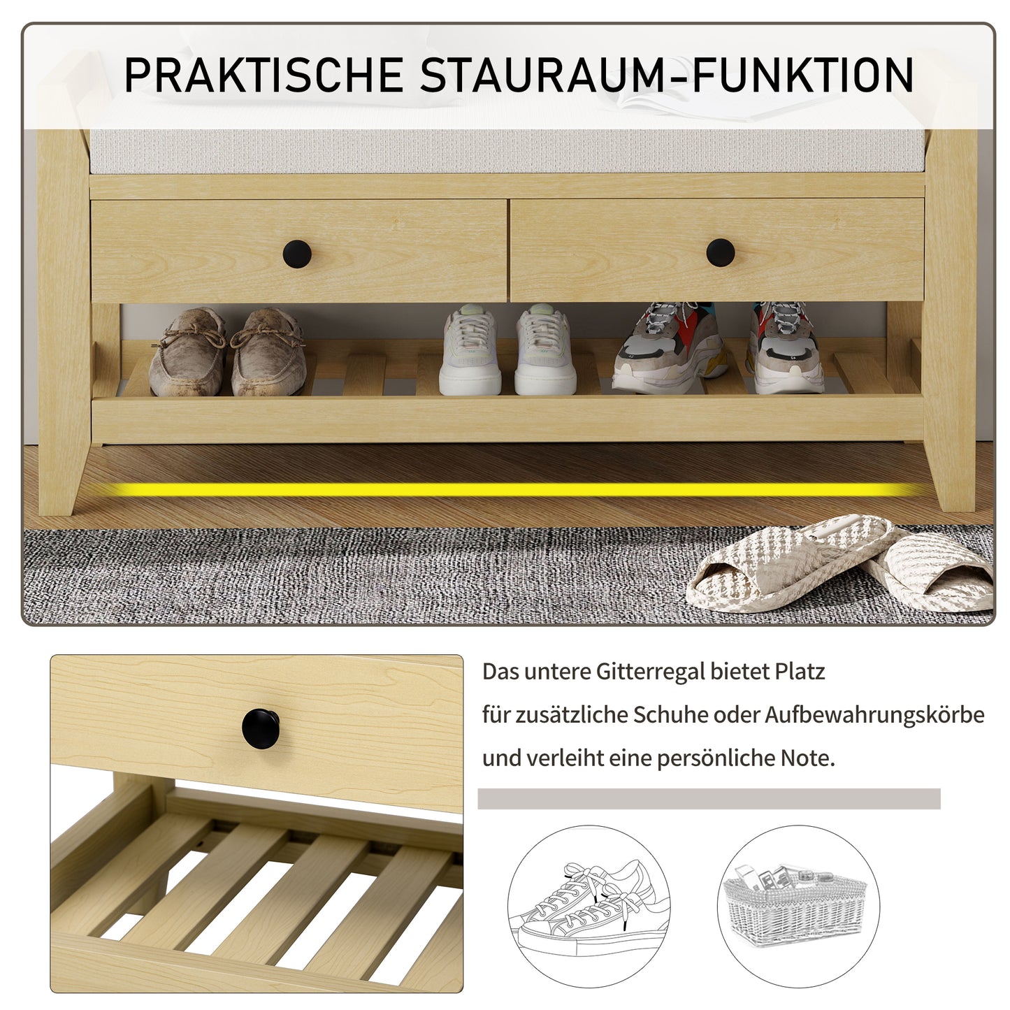 Moderne Schuhbank mit Sitzfläche und Stauraum, Soft Kissen-Oberfläche, Schuhregal für Eingangsbereich, Natur