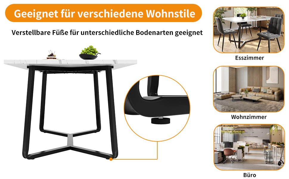 Leichter Luxustisch für 4-6 Personen, geeignet für Esszimmer, Wohnzimmer, MDF marmorierte Tischplatte, schwarze Beine