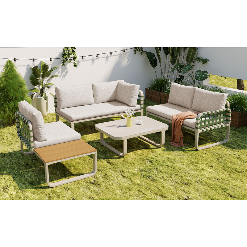 Garten Lounge Set (4-5 Sitzer), Grünes Leder Rattan Gartenmöbel Set, Modernes Outdoor Sofa Set inkl. aller Sitz- und Rückenkissen, Balkonset, Garten und Terrasse, Aprikose