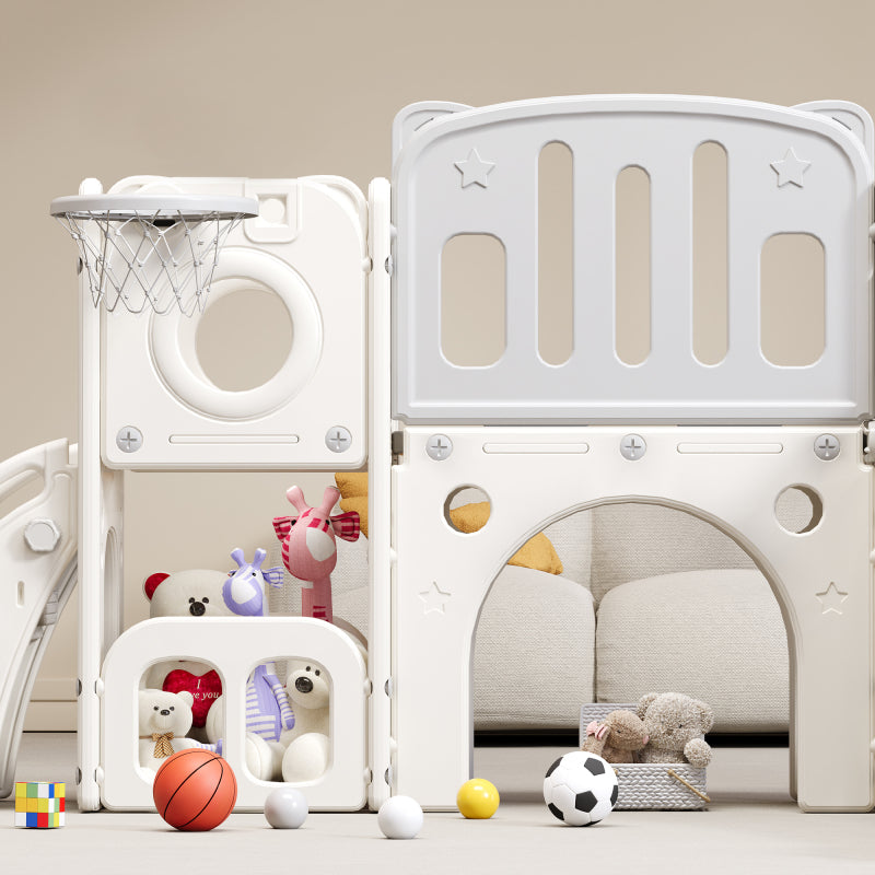 Bären Kinder 6-in-1 Rutsche mit einer Rutsche, zwei Plattformen, zwei Bodenschrankfächern, Basketballkorb und Treppe - Hochdichtes Polyethylen (Ozeanbälle nicht enthalten