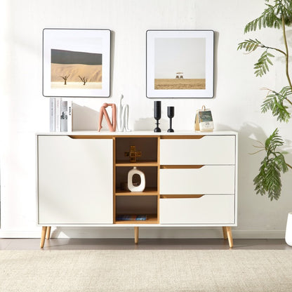 Modernes weißes Sideboard mit Einlegeböden, 3 Schubladen und offenem Stauraum, mit Kippschutz-Design – geeignet für Küche, Esszimmer und Wohnzimmer