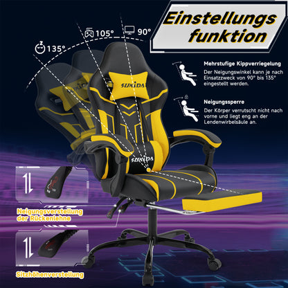 Gaming Stuhl Computerstuhl Ergonomischer Gaming Chair mit Fußstütze Bürostuhl Ergonomischer Computerstuhl mit Lendenwirbelstütze Blackyellow
