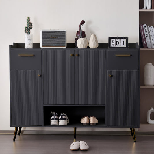 Schuhschrank, Schuhregal mit 2 Schubladen und 4 Türen, Metallfüße, schwarz