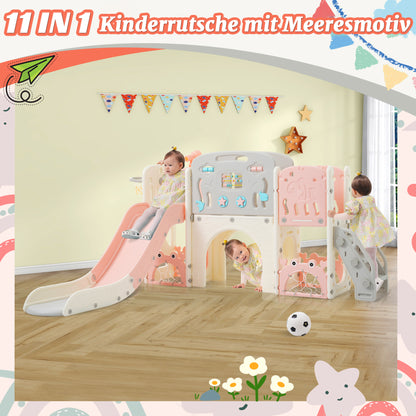 11 in 1 Kleinkindrutsche, Kinderrutsche mit Basketballkorb, Kinderrutschen-Spielset-Struktur, Bogentunnel und Teleskop, Spielzeugaufbewahrungsorganizer für Kleinkinder, Klettergerüst für Kinder.