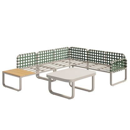 Garten Lounge Set (4-5 Sitzer), Grünes Leder Rattan Gartenmöbel Set, Modernes Outdoor Sofa Set inkl. aller Sitz- und Rückenkissen, Balkonset, Garten und Terrasse, Aprikose