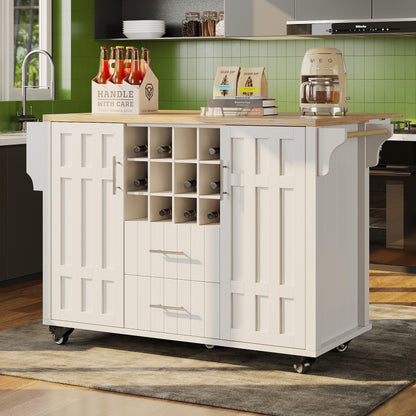 Kücheninsel mit herausnehmbaren Trennwänden, Esszimmerwagen mit Arbeitsplatte, Buffetschrank, Esszimmerwagen mit Holzmaserung, seitlicher Handtuchhalter, mit Weinregal, mit Rollen, weiß