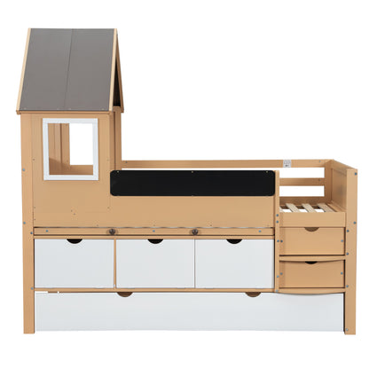 Etagenbett, Baumhausbett mit Schubladen und Ausziehbett, Mit Ausziehtisch, Reichlich Stauraum, Holzbett mit Fenster, Rahmen aus Kiefer, Graffiti-Tafel, Kiefer+MDF, weiß+Natur, 90x200&90*190cm
