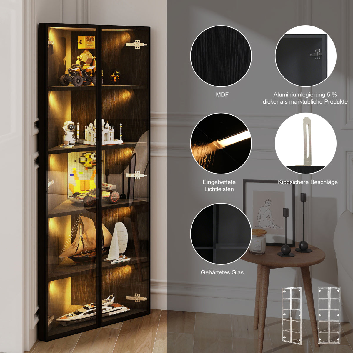 Eckvitrine 62x35x160cm Schwarz mit LED – Staubgeschützte Glasvitrine aus Sicherheitsglas & MDF, moderner Eckschrank mit Soft-Close-Türen